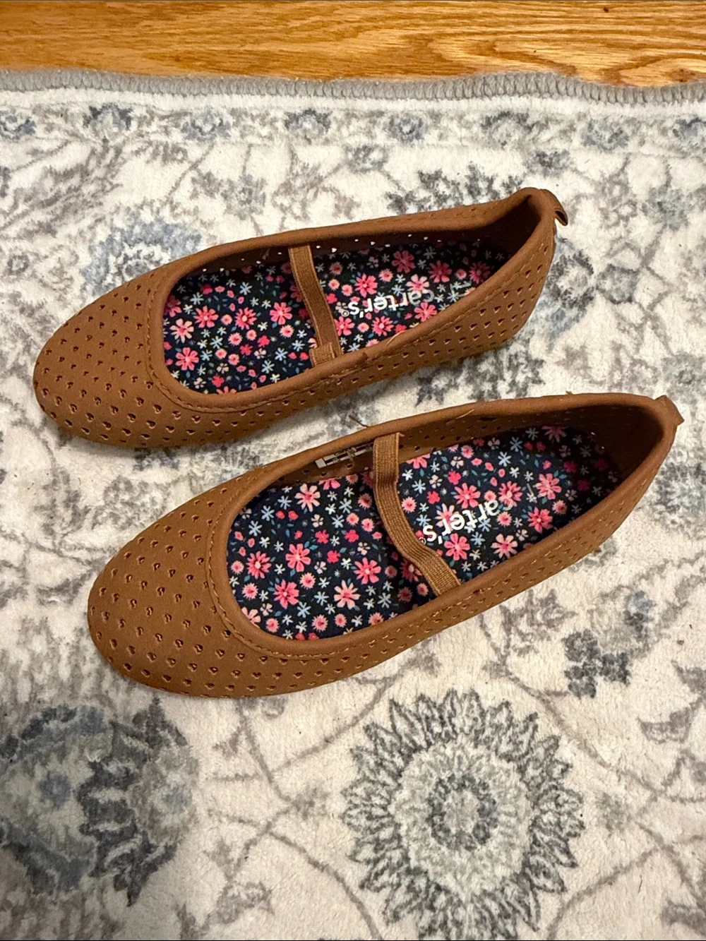 Carter's Brown Perforated Mary Jane Flats with Floral Insole